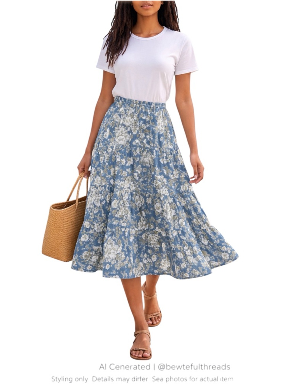Blue Floral Tiered Midi Skirt Cottagecore Romantic Prairie Summer